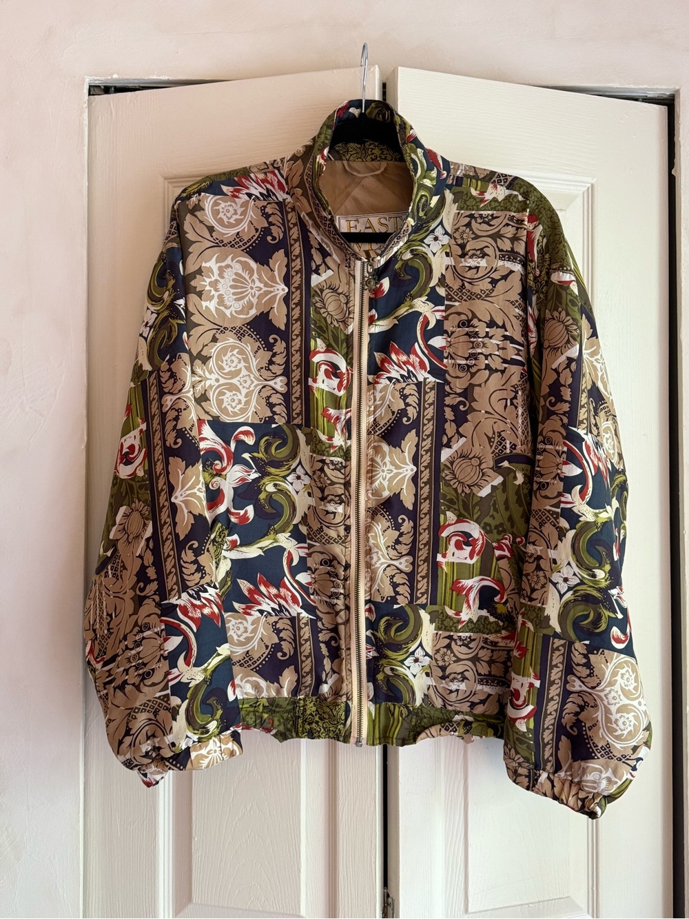 Silk Patterned Bomber Jacket in Olive Multi by East